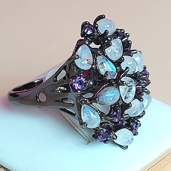 Natural Moonstone & Amethyst 925 Sterling Silver Ring Sz 7 - Picture 5 of 8